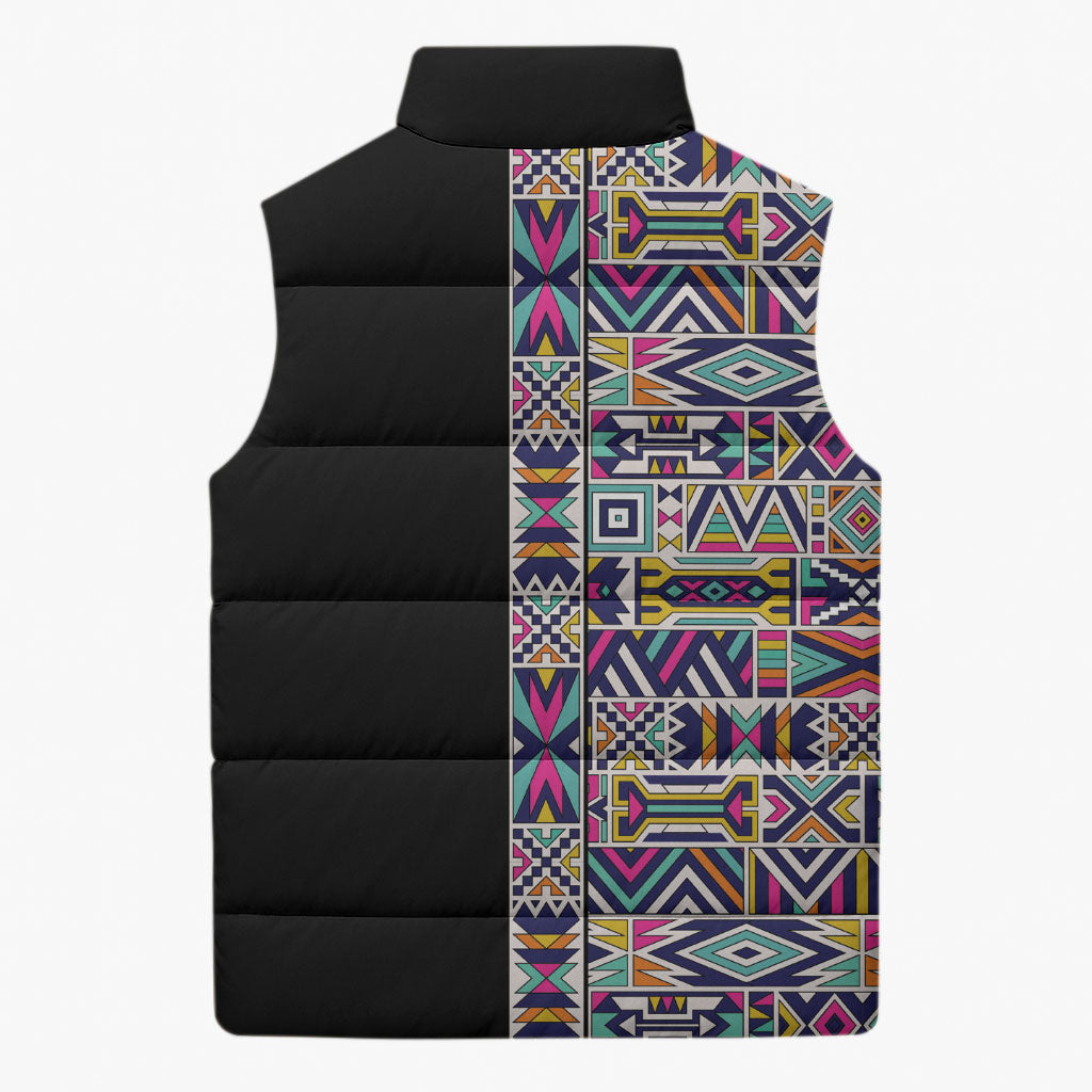 African Ndebele Art Patterns Sleeveless Puffer Jacket Black Half Style