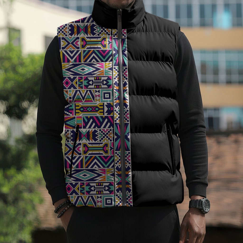 African Ndebele Art Patterns Sleeveless Puffer Jacket Black Half Style
