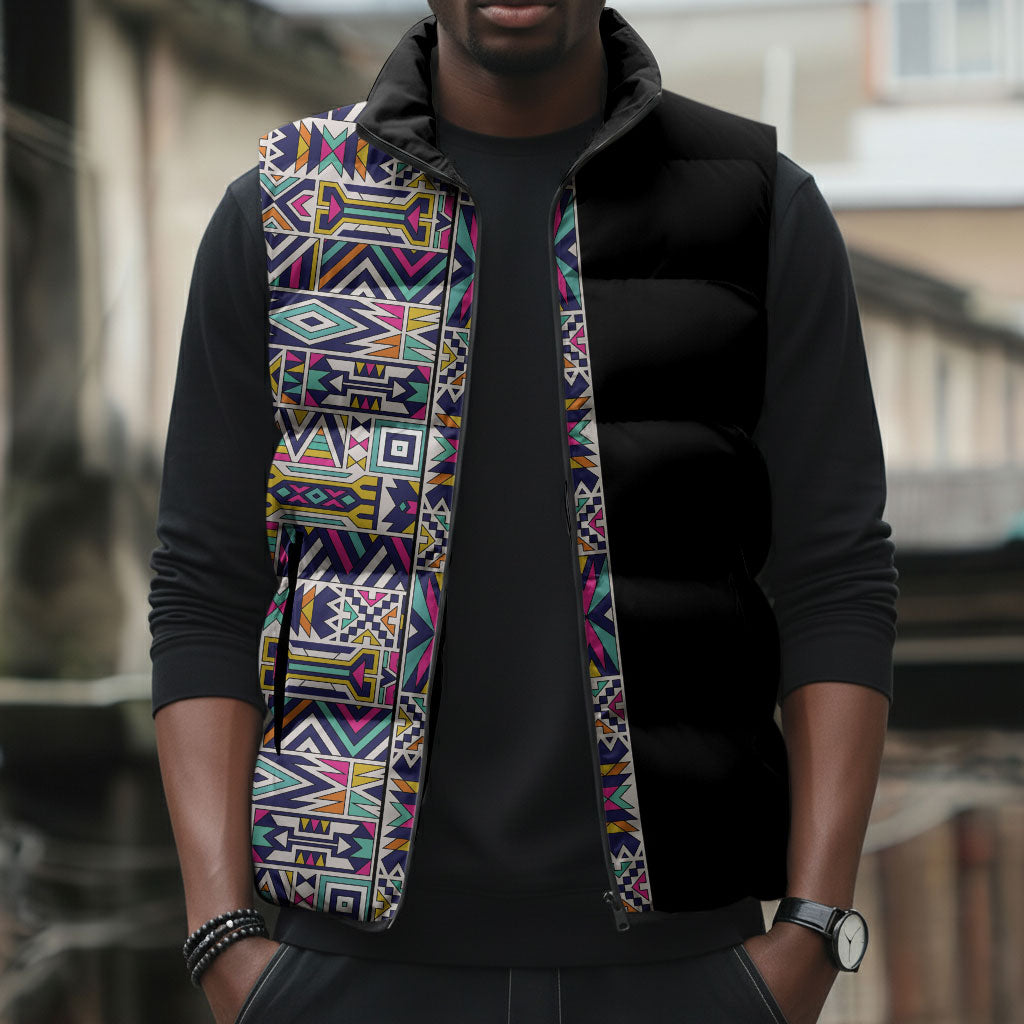 African Ndebele Art Patterns Sleeveless Puffer Jacket Black Half Style