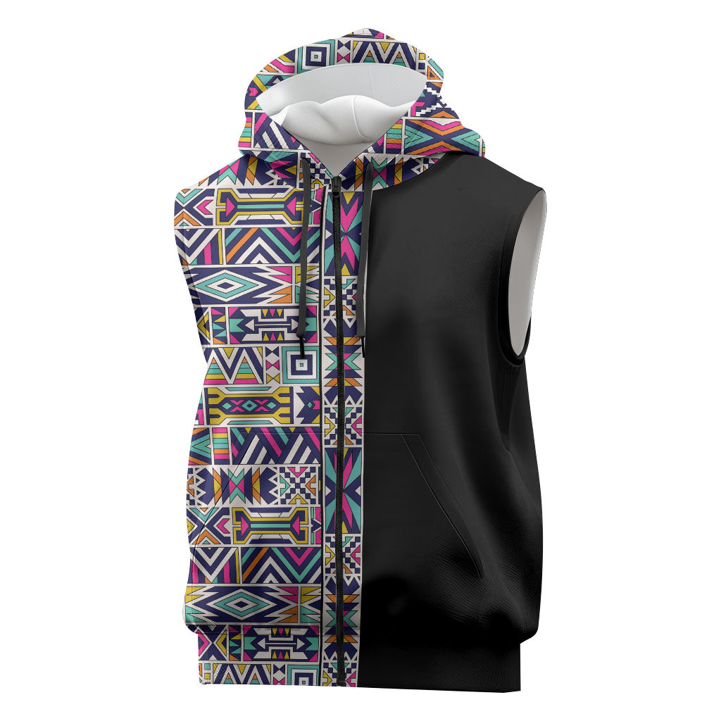 African Ndebele Art Patterns Sleeveless Zip Hoodie Black Half Style
