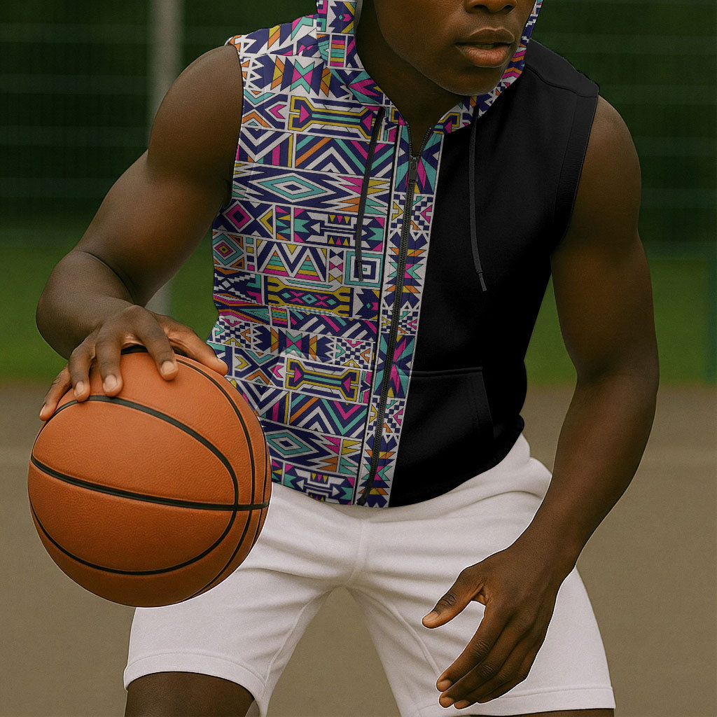 African Ndebele Art Patterns Sleeveless Zip Hoodie Black Half Style