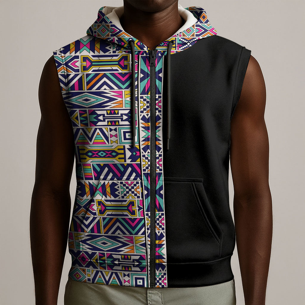African Ndebele Art Patterns Sleeveless Zip Hoodie Black Half Style
