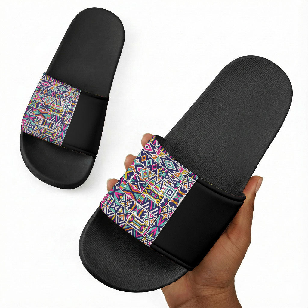 African Ndebele Art Patterns Slide Sandals Black Half Style