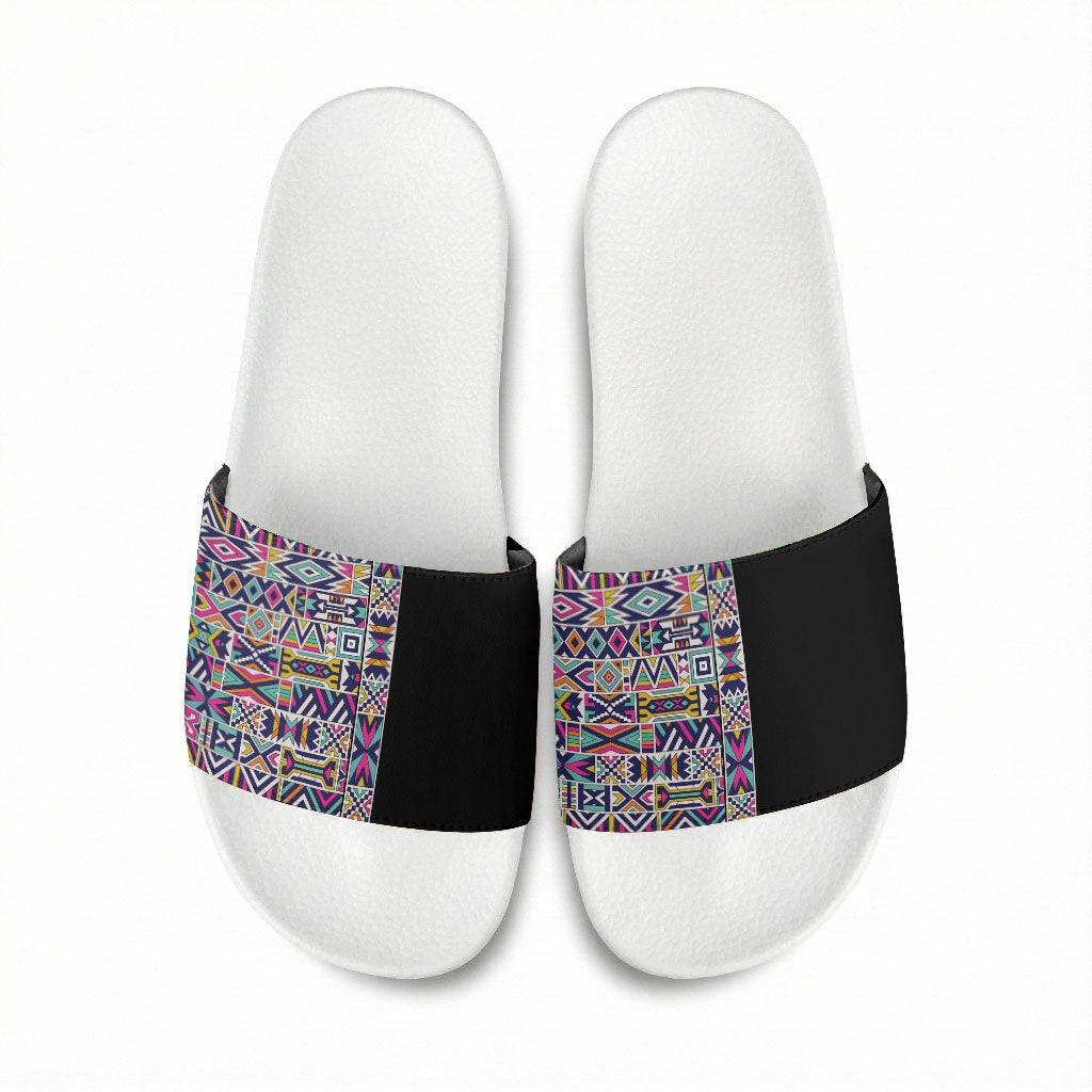 African Ndebele Art Patterns Slide Sandals Black Half Style