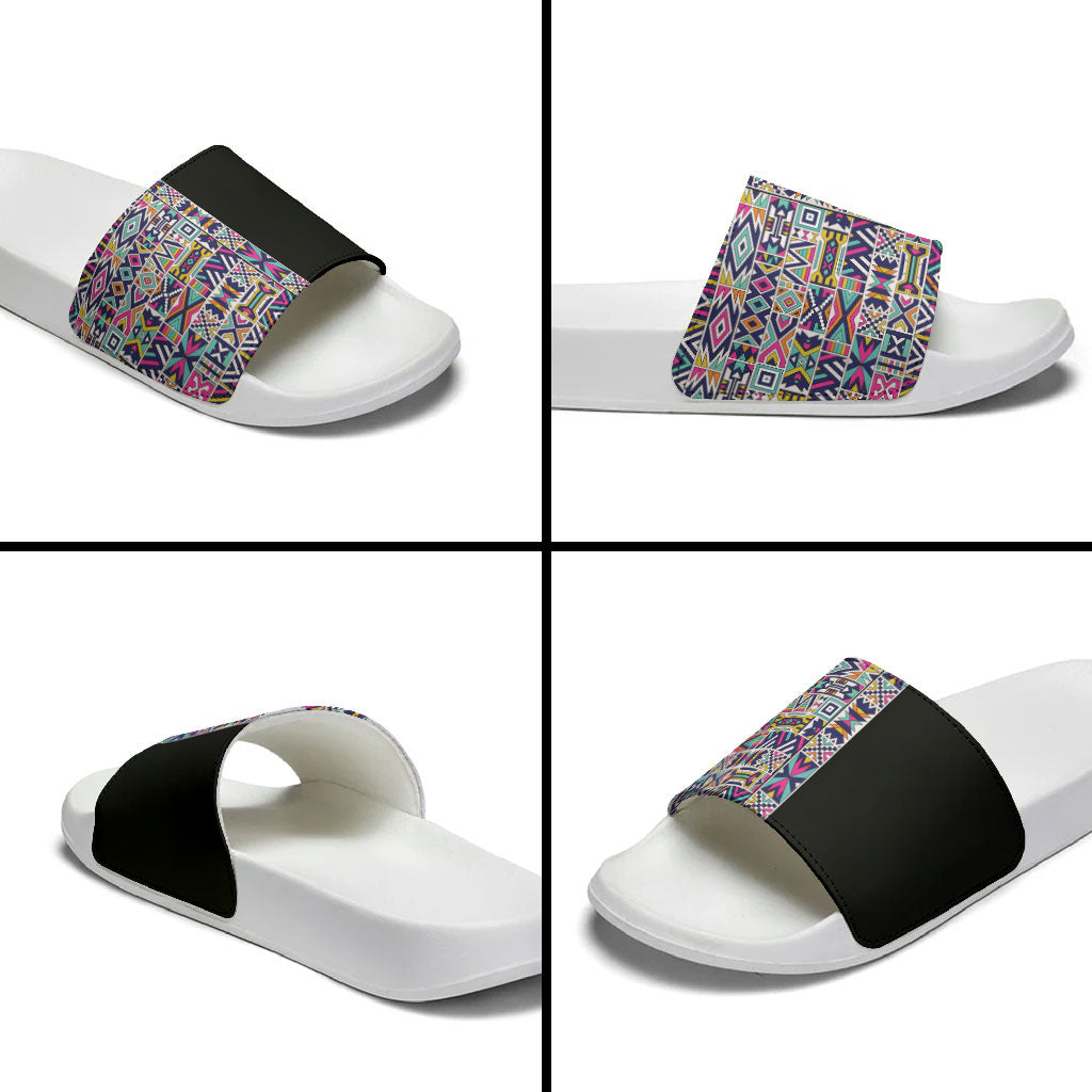 African Ndebele Art Patterns Slide Sandals Black Half Style