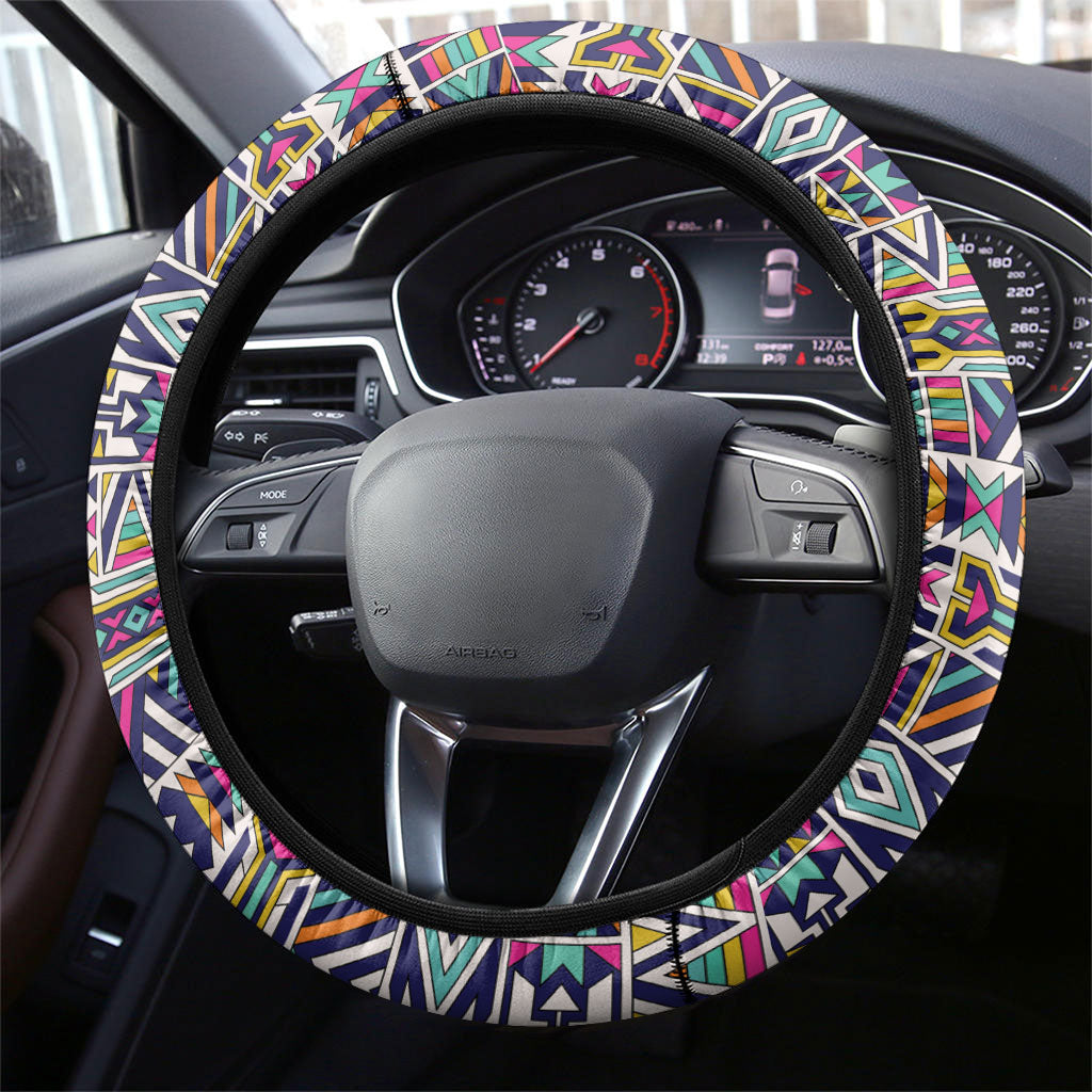 African Ndebele Art Patterns Steering Wheel Cover Black Half Style