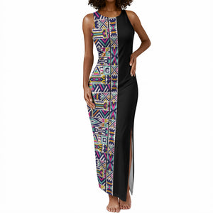 African Ndebele Art Patterns Tank Maxi Dress Black Half Style