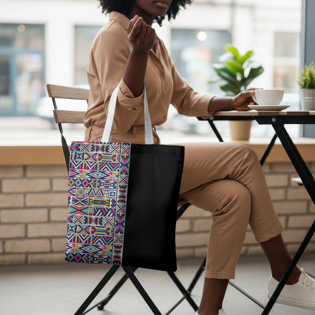 African Ndebele Art Patterns Tote Bag Black Half Style