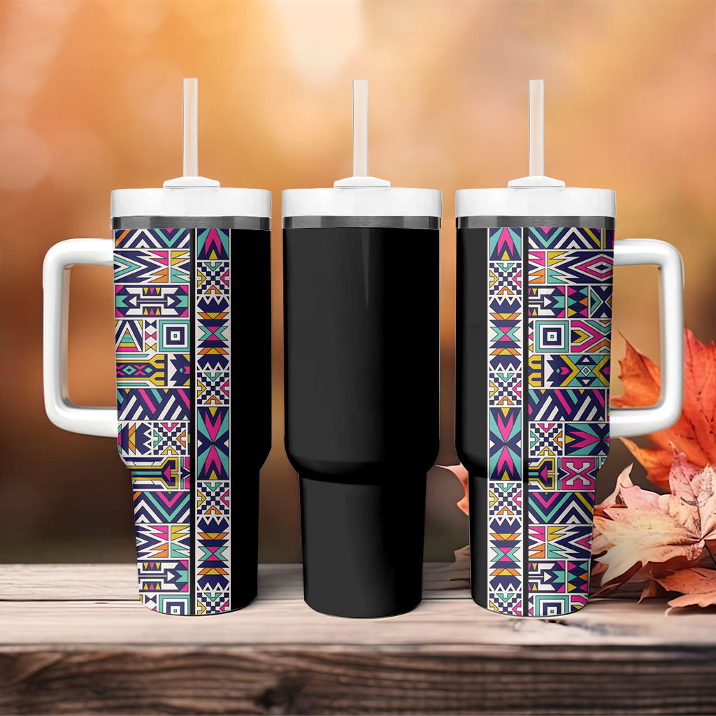 African Ndebele Art Patterns Tumbler With Handle Black Half Style