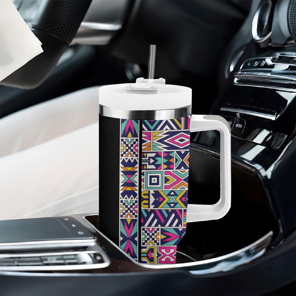 African Ndebele Art Patterns Tumbler With Handle Black Half Style