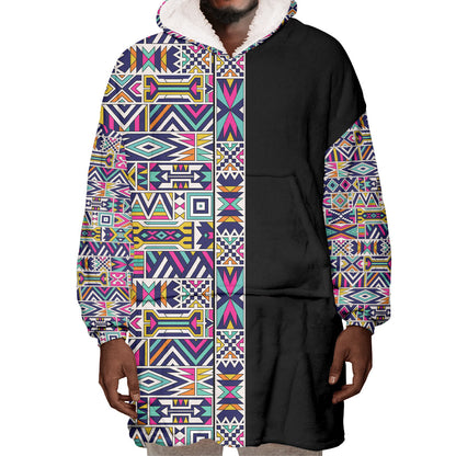 African Ndebele Art Patterns Wearable Blanket Hoodie Black Half Style