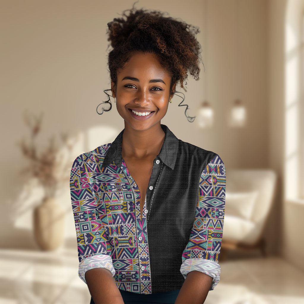 African Ndebele Art Patterns Women Casual Shirt Black Half Style