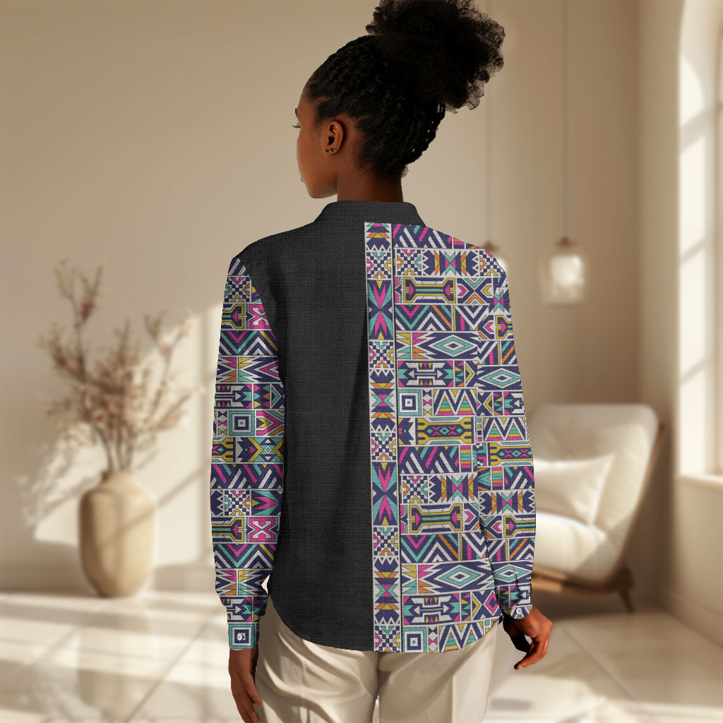 African Ndebele Art Patterns Women Casual Shirt Black Half Style