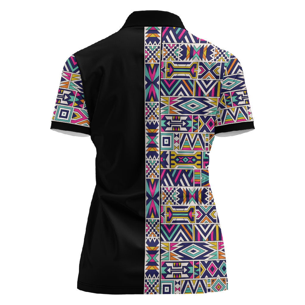 African Ndebele Art Patterns Women Polo Shirt Black Half Style