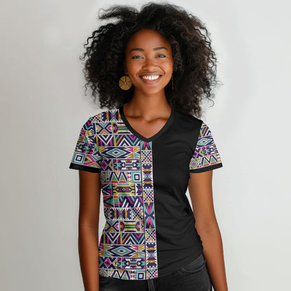 African Ndebele Art Patterns Women V-Neck T-Shirt Black Half Style