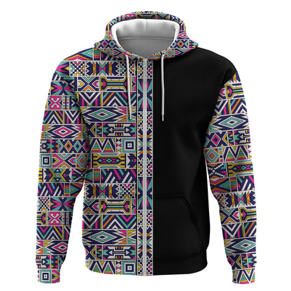 African Ndebele Art Patterns Zip Hoodie Black Half Style