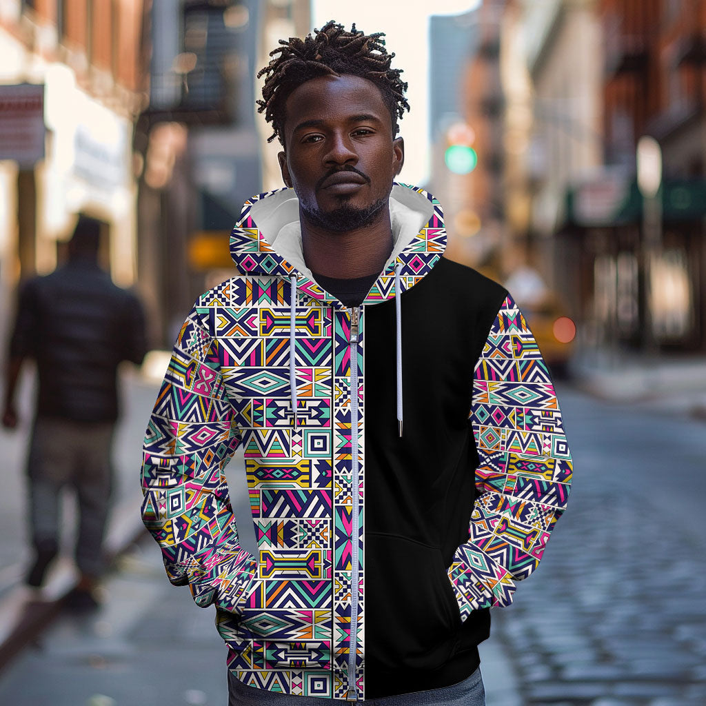 African Ndebele Art Patterns Zip Hoodie Black Half Style