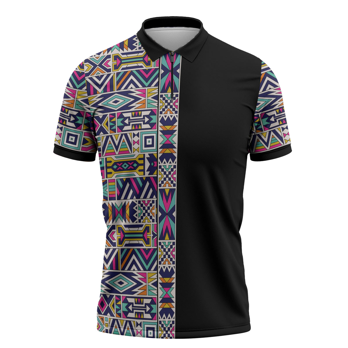 African Ndebele Art Patterns Zipper Polo Shirt Black Half Style