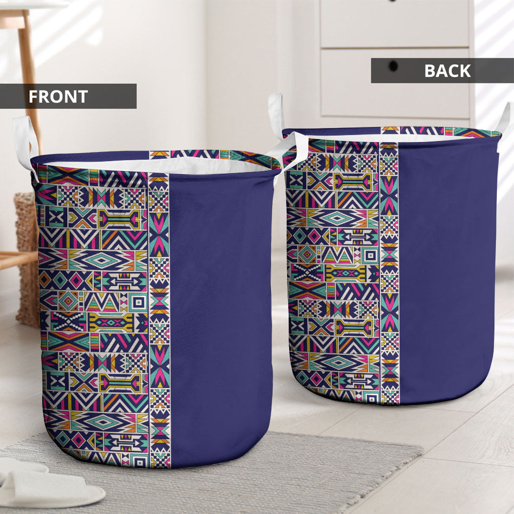 African Ndebele Art Patterns Laundry Basket Navy Blue Half Style