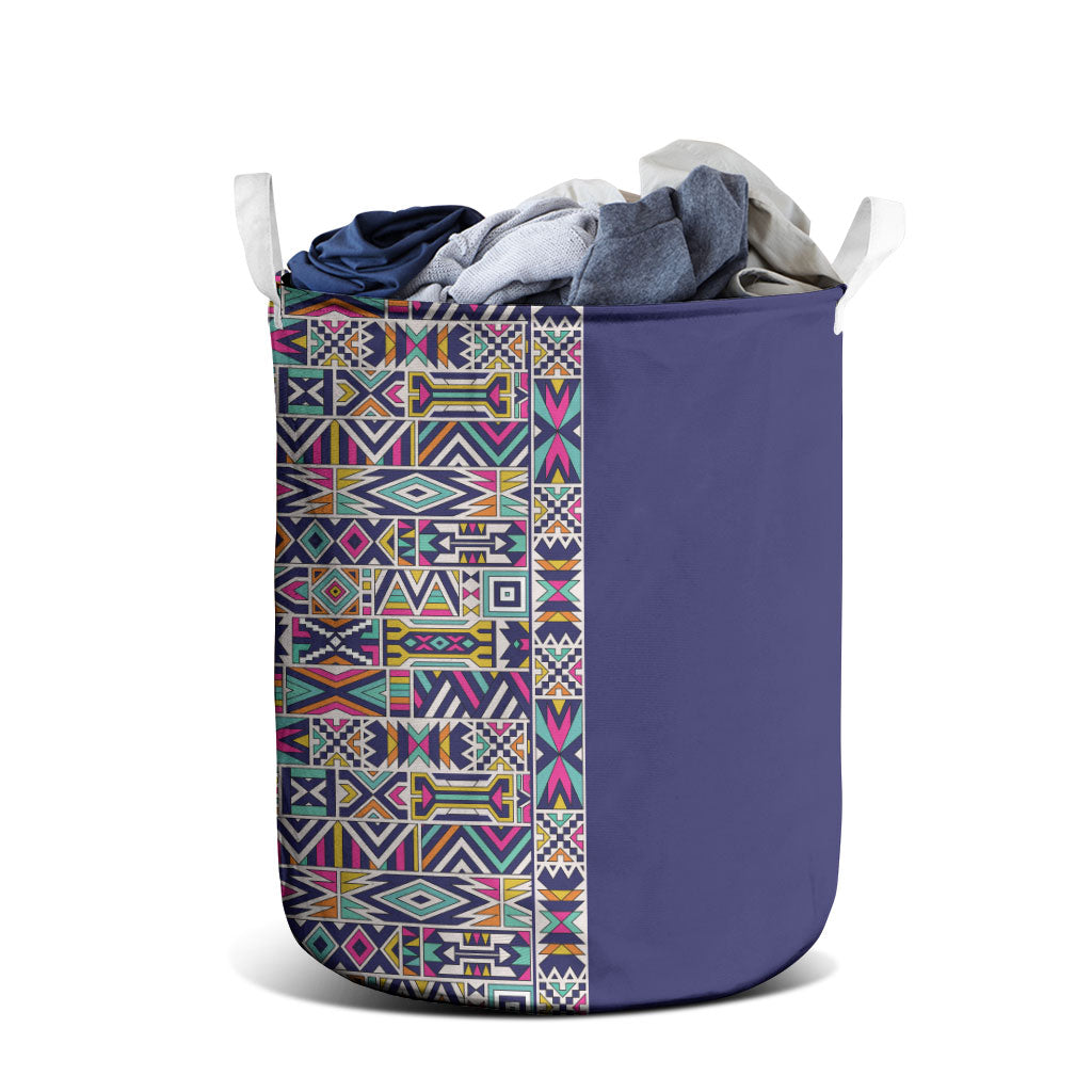 African Ndebele Art Patterns Laundry Basket Navy Blue Half Style