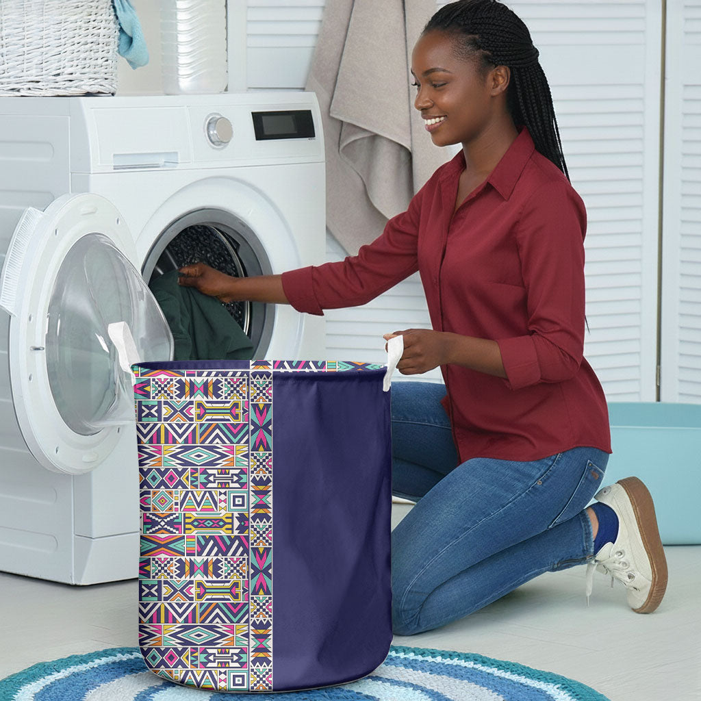 African Ndebele Art Patterns Laundry Basket Navy Blue Half Style