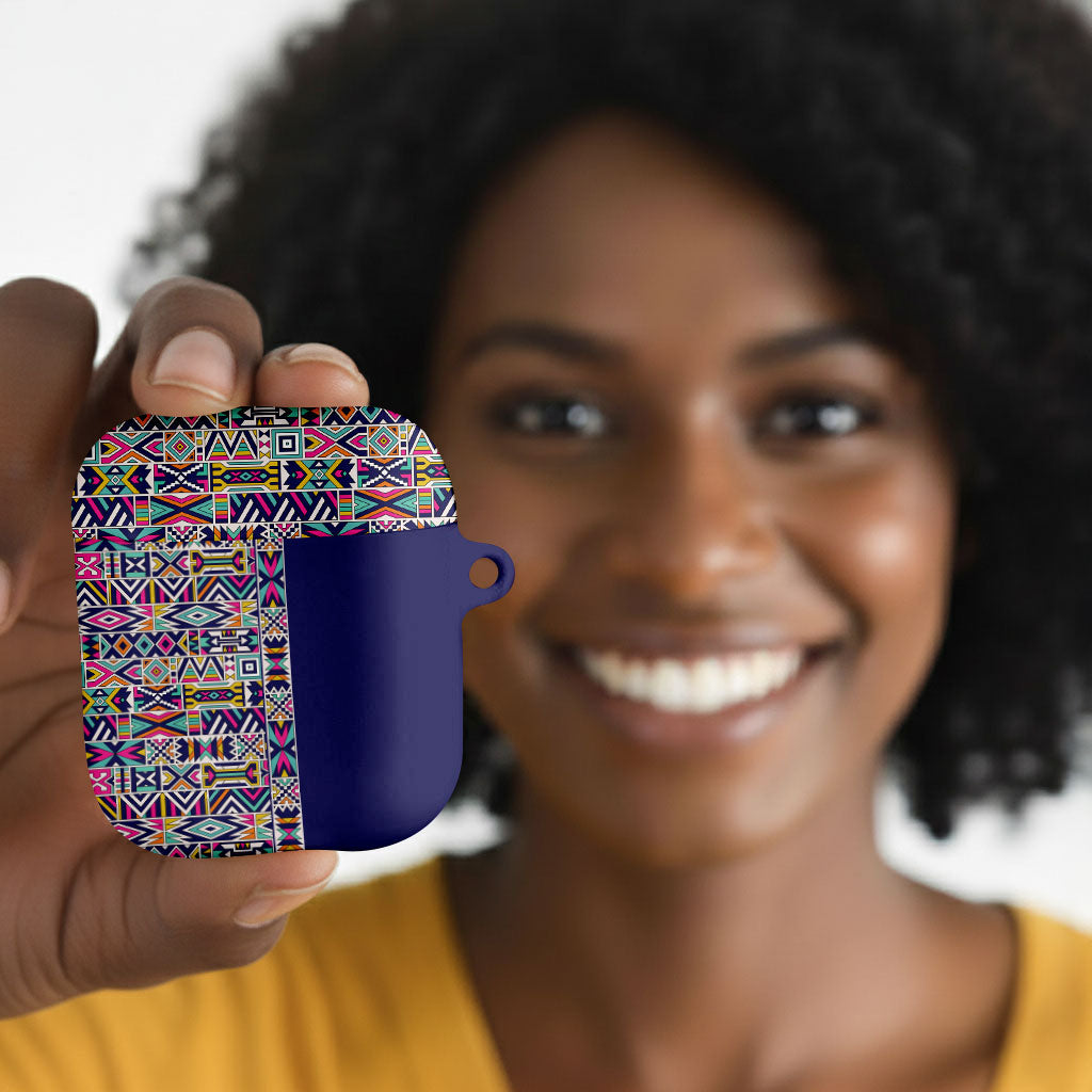 African Ndebele Art Patterns AirPods Case Navy Blue Half Style