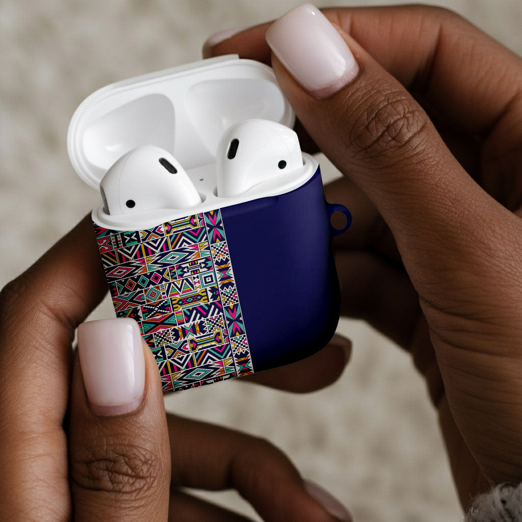 African Ndebele Art Patterns AirPods Case Navy Blue Half Style