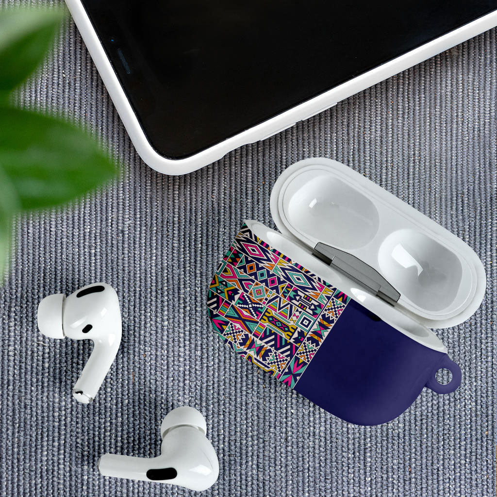 African Ndebele Art Patterns AirPods Case Navy Blue Half Style