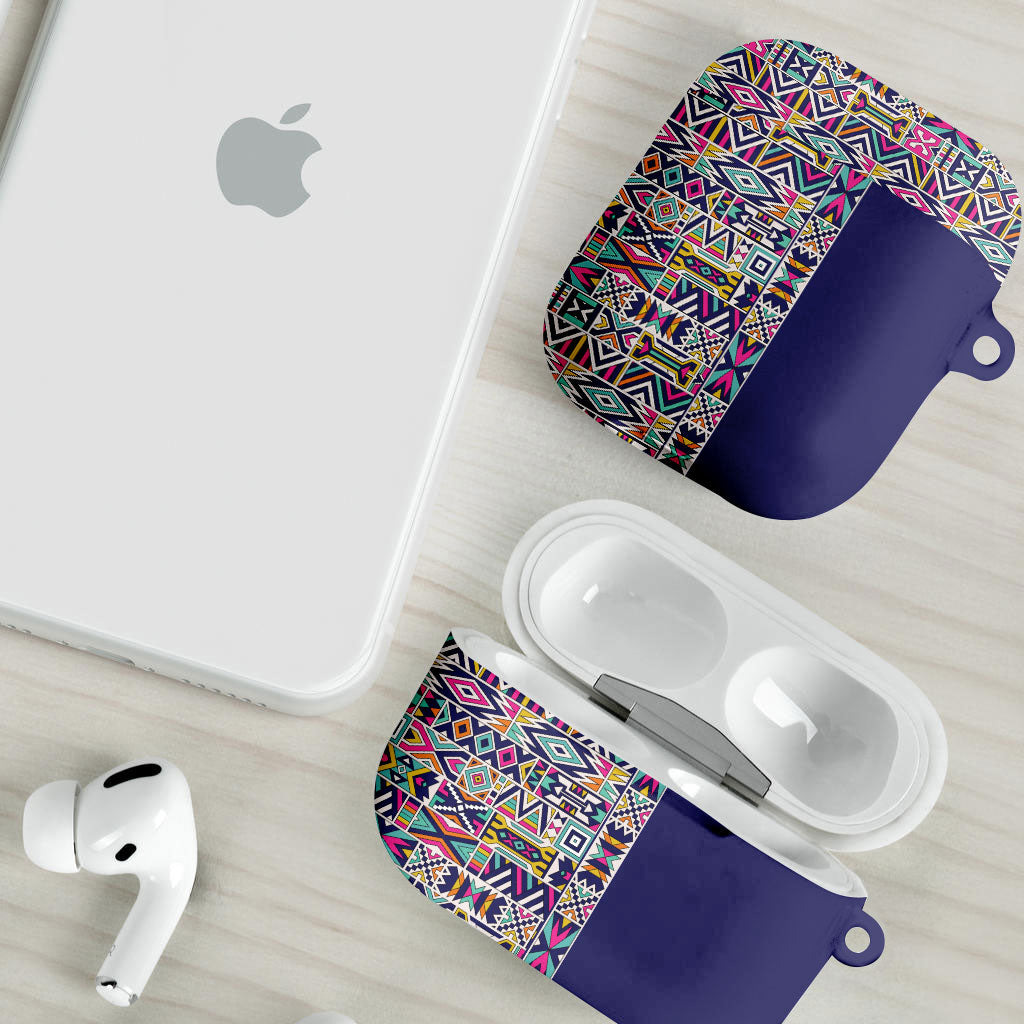 African Ndebele Art Patterns AirPods Case Navy Blue Half Style