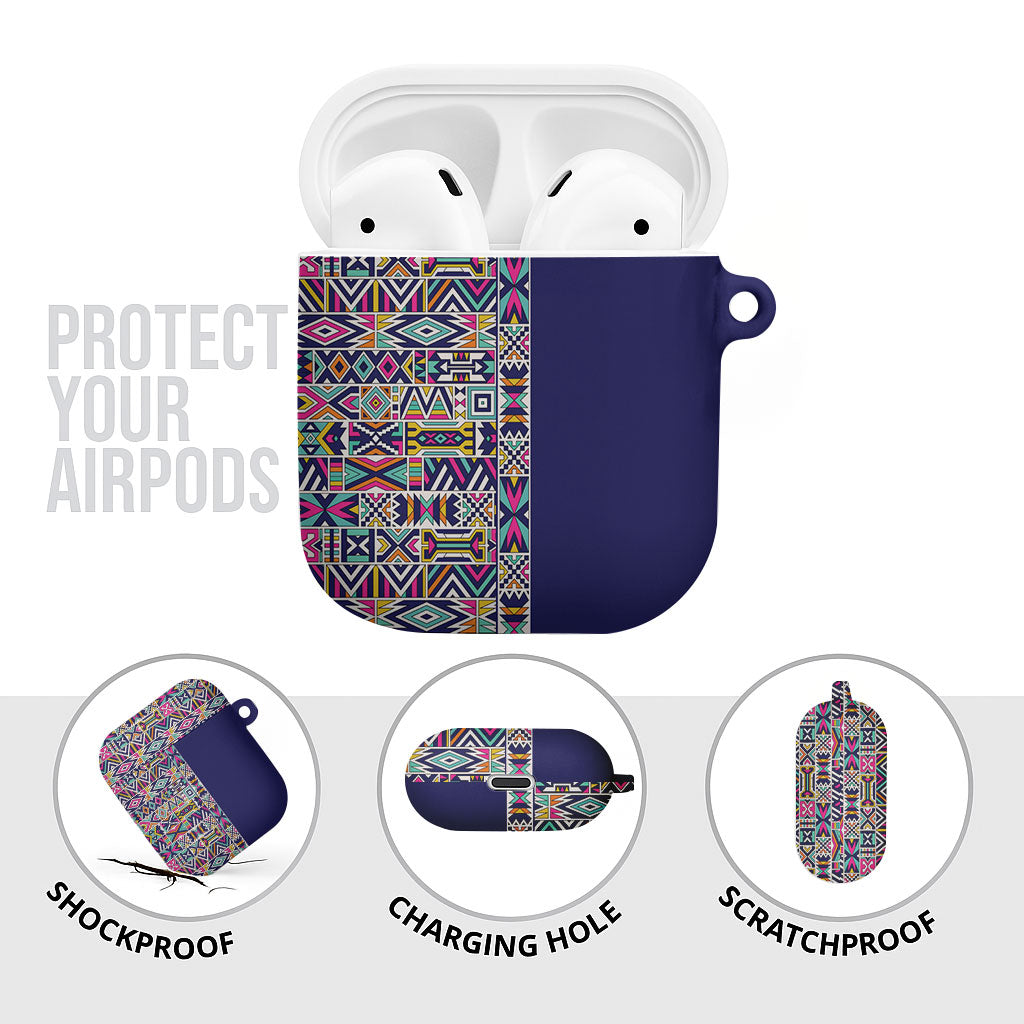 African Ndebele Art Patterns AirPods Case Navy Blue Half Style