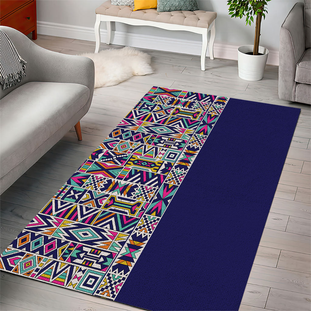 African Ndebele Art Patterns Area Rug Navy Blue Half Style