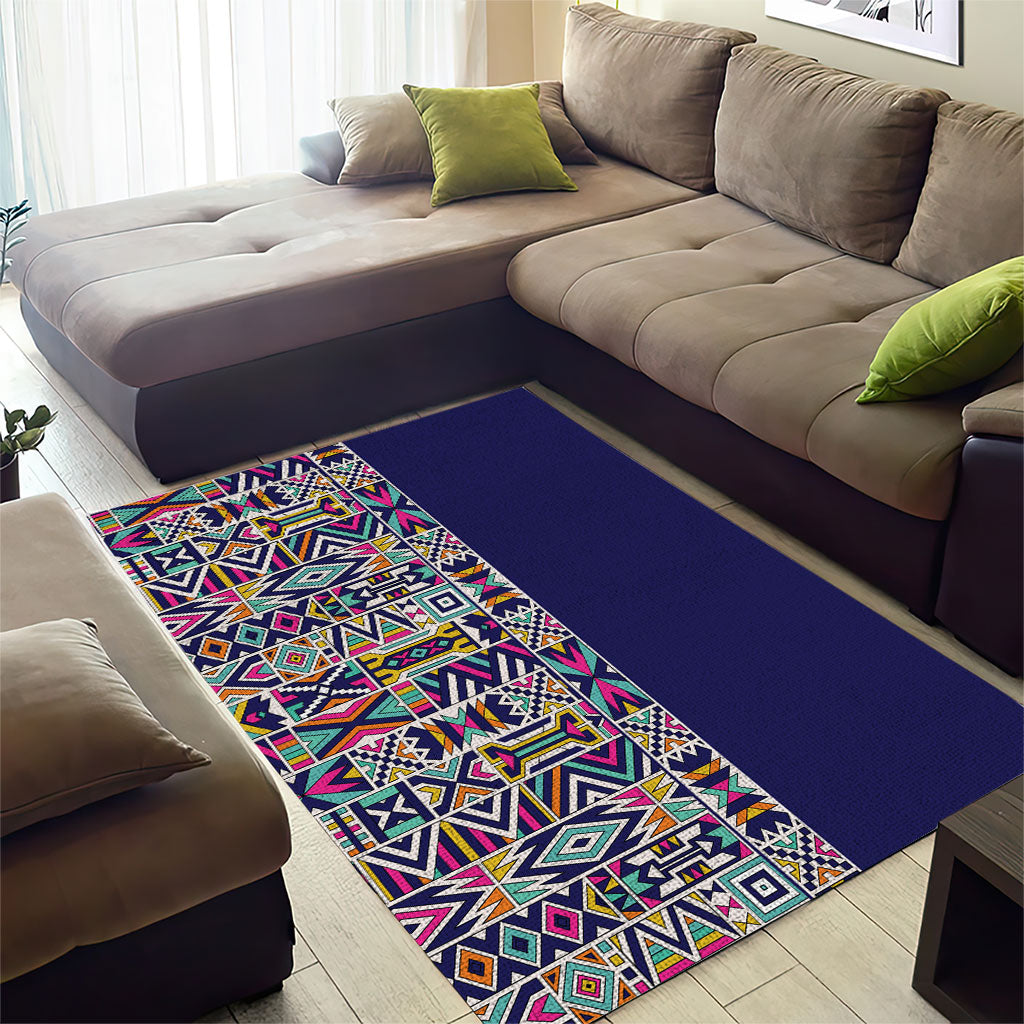 African Ndebele Art Patterns Area Rug Navy Blue Half Style