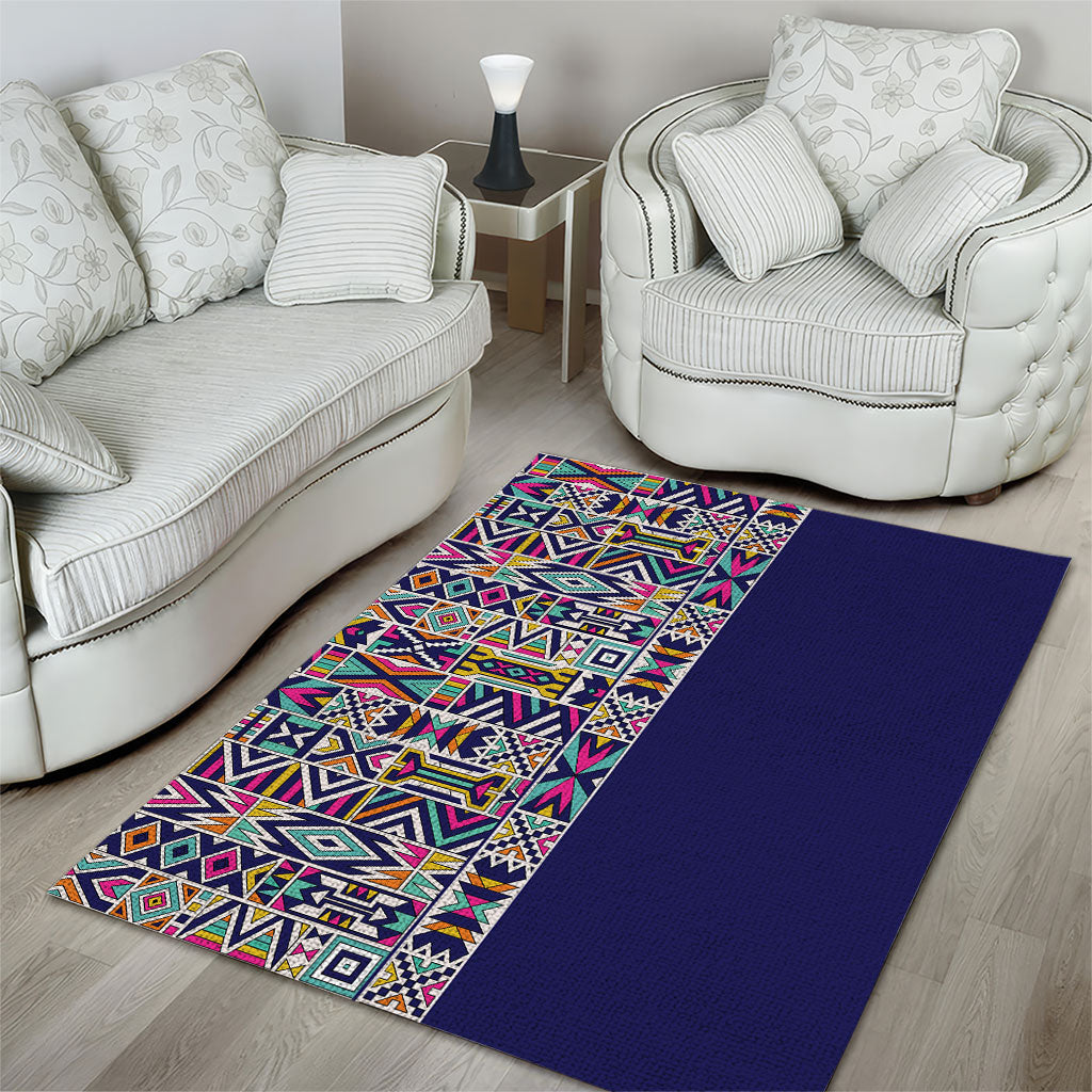African Ndebele Art Patterns Area Rug Navy Blue Half Style
