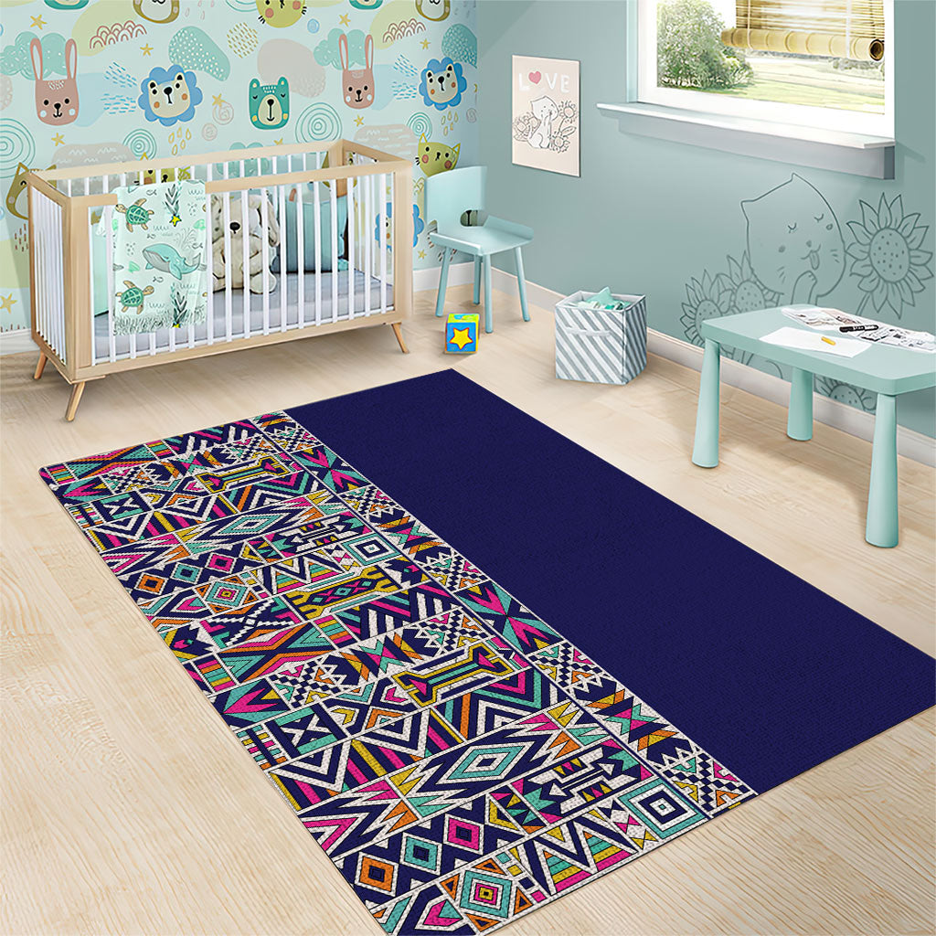 African Ndebele Art Patterns Area Rug Navy Blue Half Style
