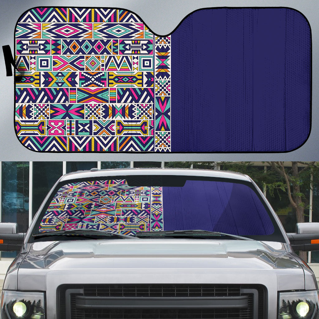 African Ndebele Art Patterns Auto Sun Shade Navy Blue Half Style