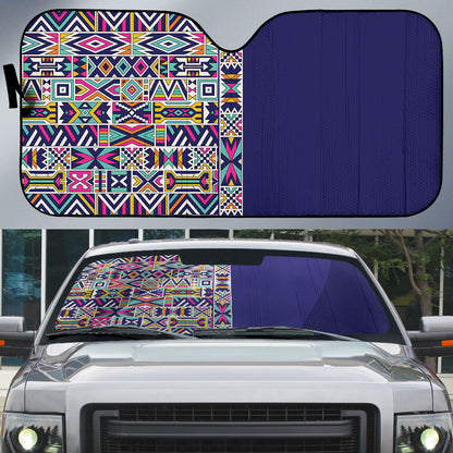 African Ndebele Art Patterns Auto Sun Shade Navy Blue Half Style