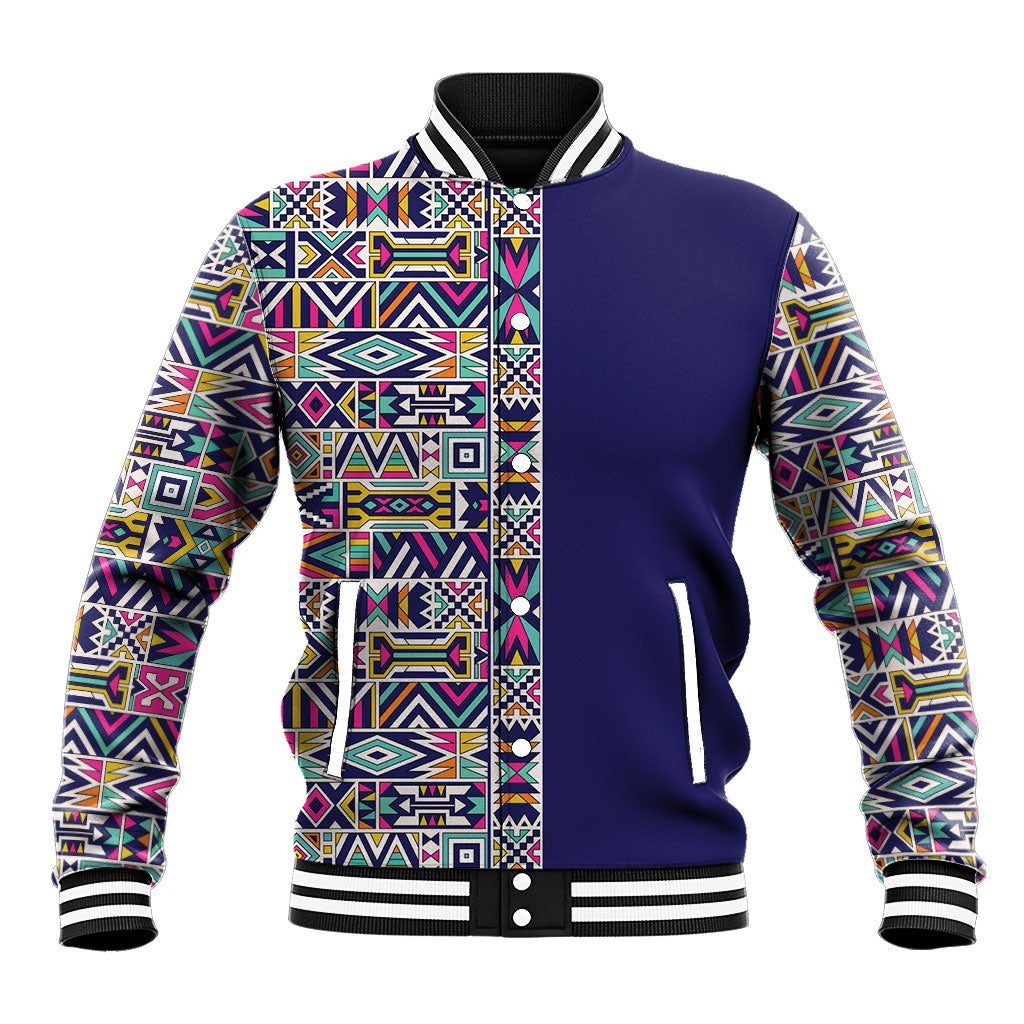 African Ndebele Art Patterns Baseball Jacket Navy Blue Half Style
