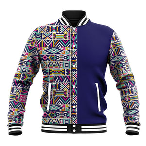 African Ndebele Art Patterns Baseball Jacket Navy Blue Half Style