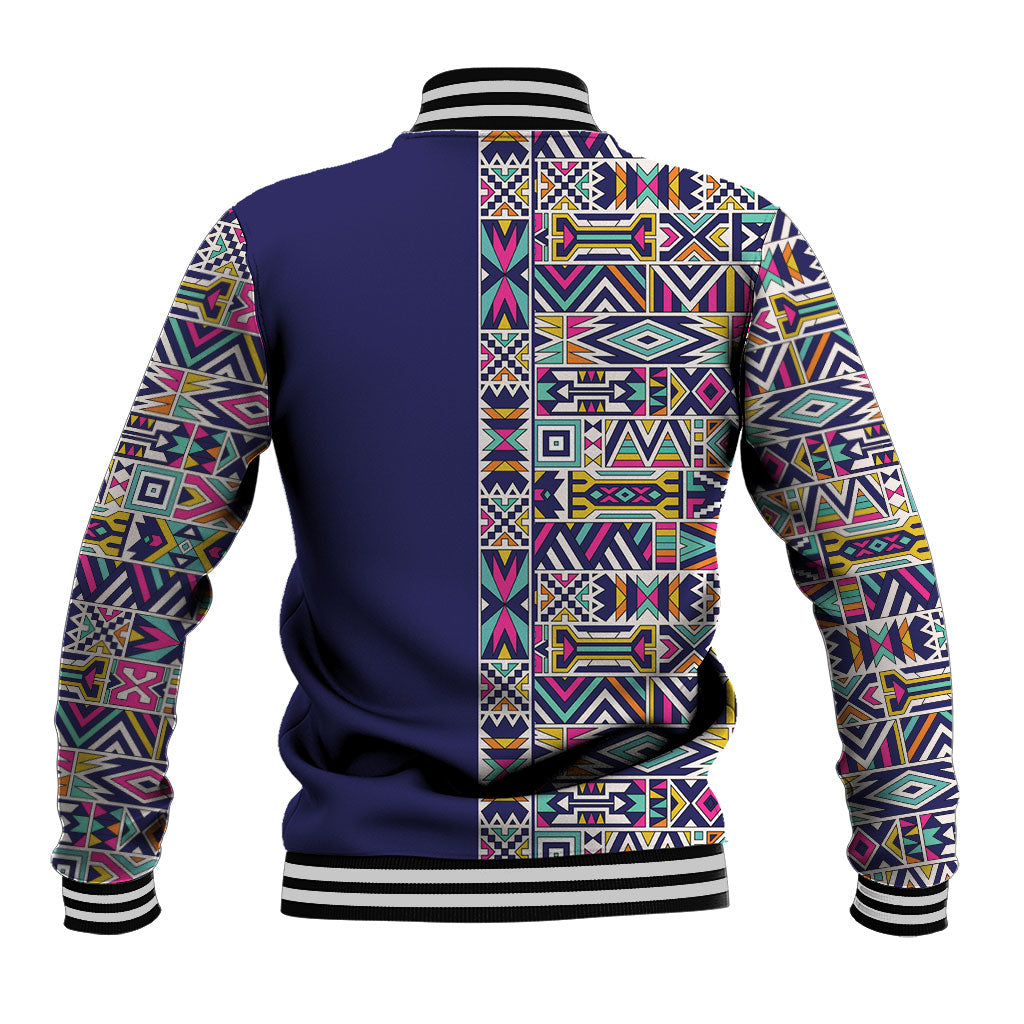 African Ndebele Art Patterns Baseball Jacket Navy Blue Half Style