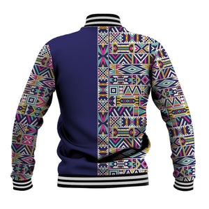 African Ndebele Art Patterns Baseball Jacket Navy Blue Half Style