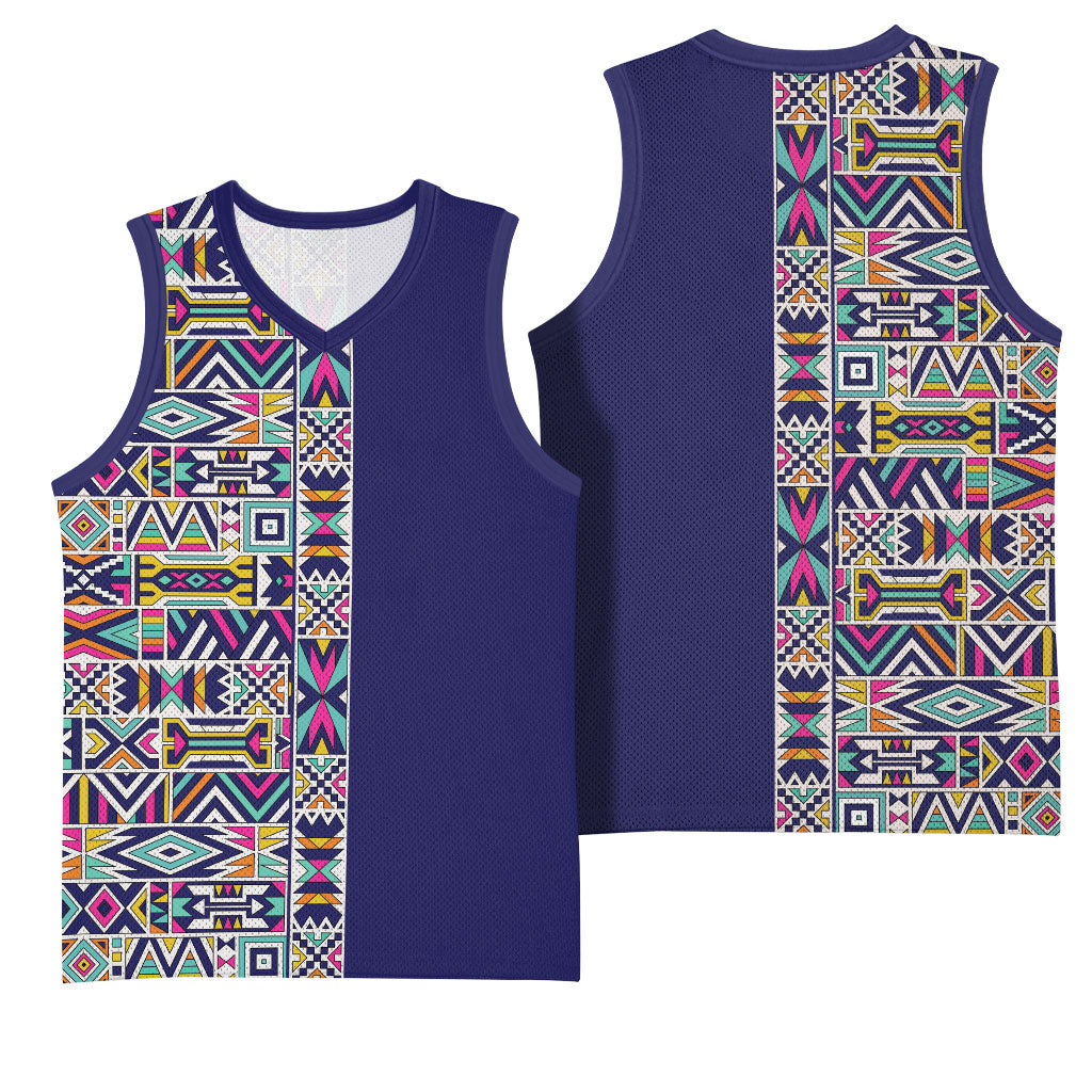 African Ndebele Art Patterns Basketball Jersey Navy Blue Half Style