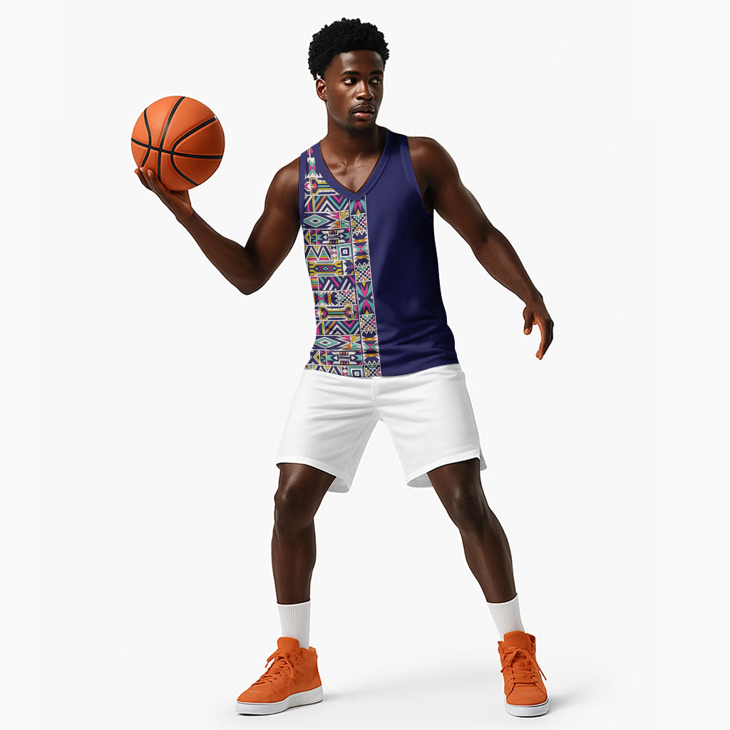 African Ndebele Art Patterns Basketball Jersey Navy Blue Half Style