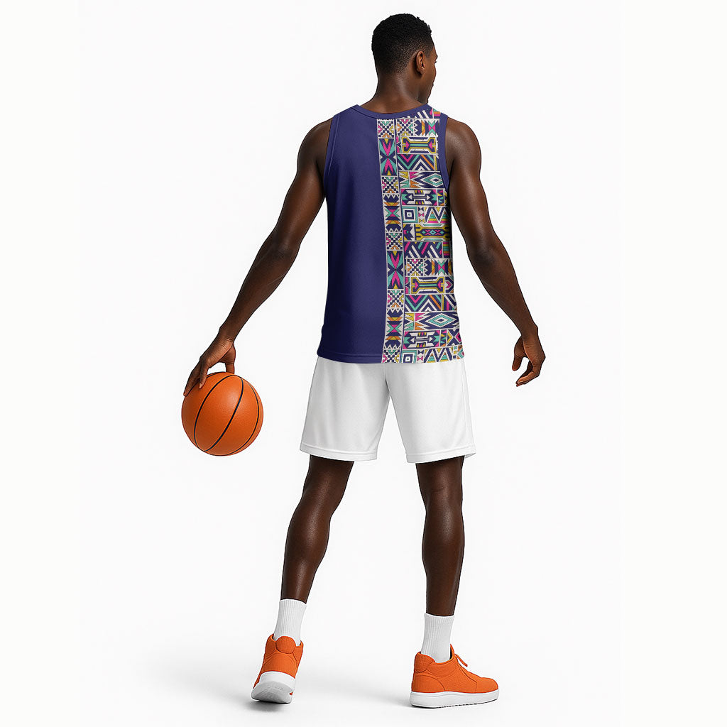 African Ndebele Art Patterns Basketball Jersey Navy Blue Half Style