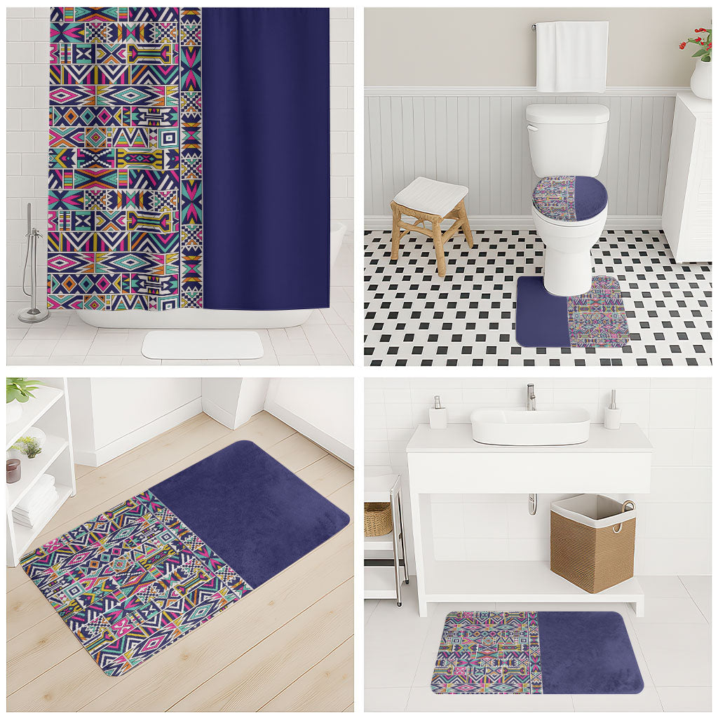 African Ndebele Art Patterns Bathroom Set Navy Blue Half Style