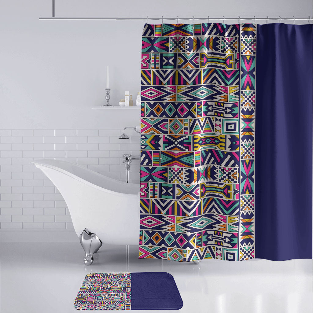 African Ndebele Art Patterns Bathroom Set Navy Blue Half Style