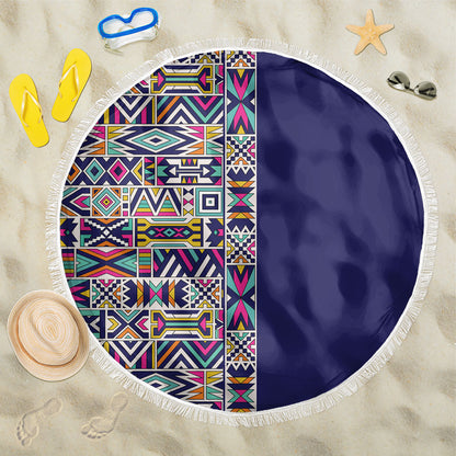 African Ndebele Art Patterns Beach Blanket Navy Blue Half Style
