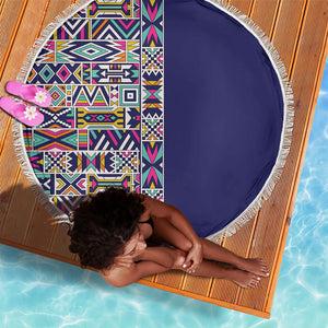 African Ndebele Art Patterns Beach Blanket Navy Blue Half Style