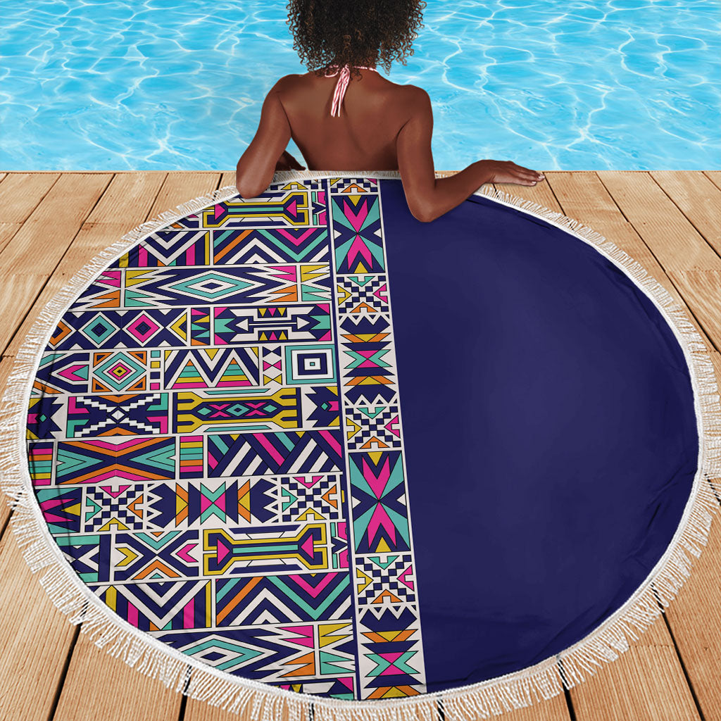 African Ndebele Art Patterns Beach Blanket Navy Blue Half Style