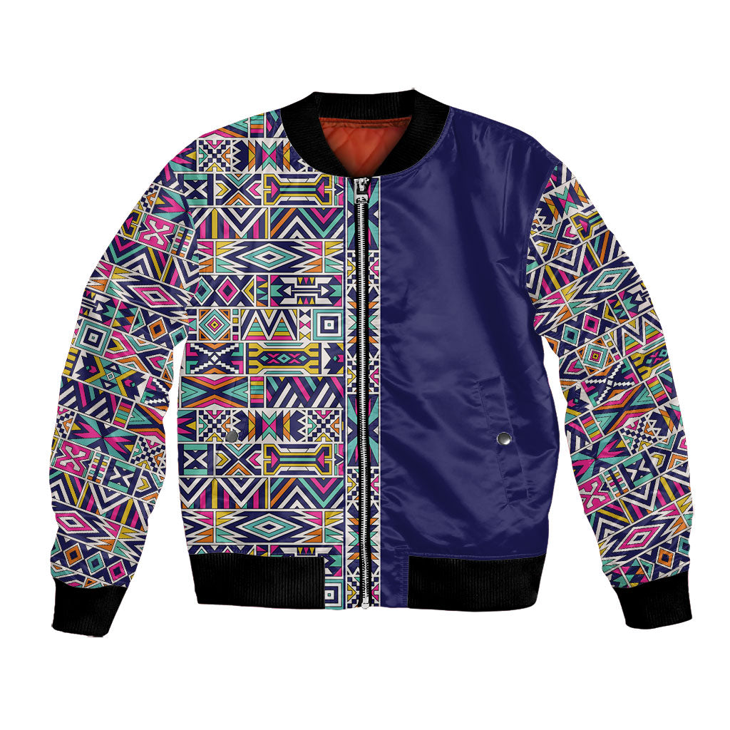 African Ndebele Art Patterns Bomber Jacket Navy Blue Half Style