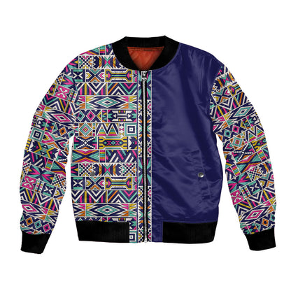 African Ndebele Art Patterns Bomber Jacket Navy Blue Half Style